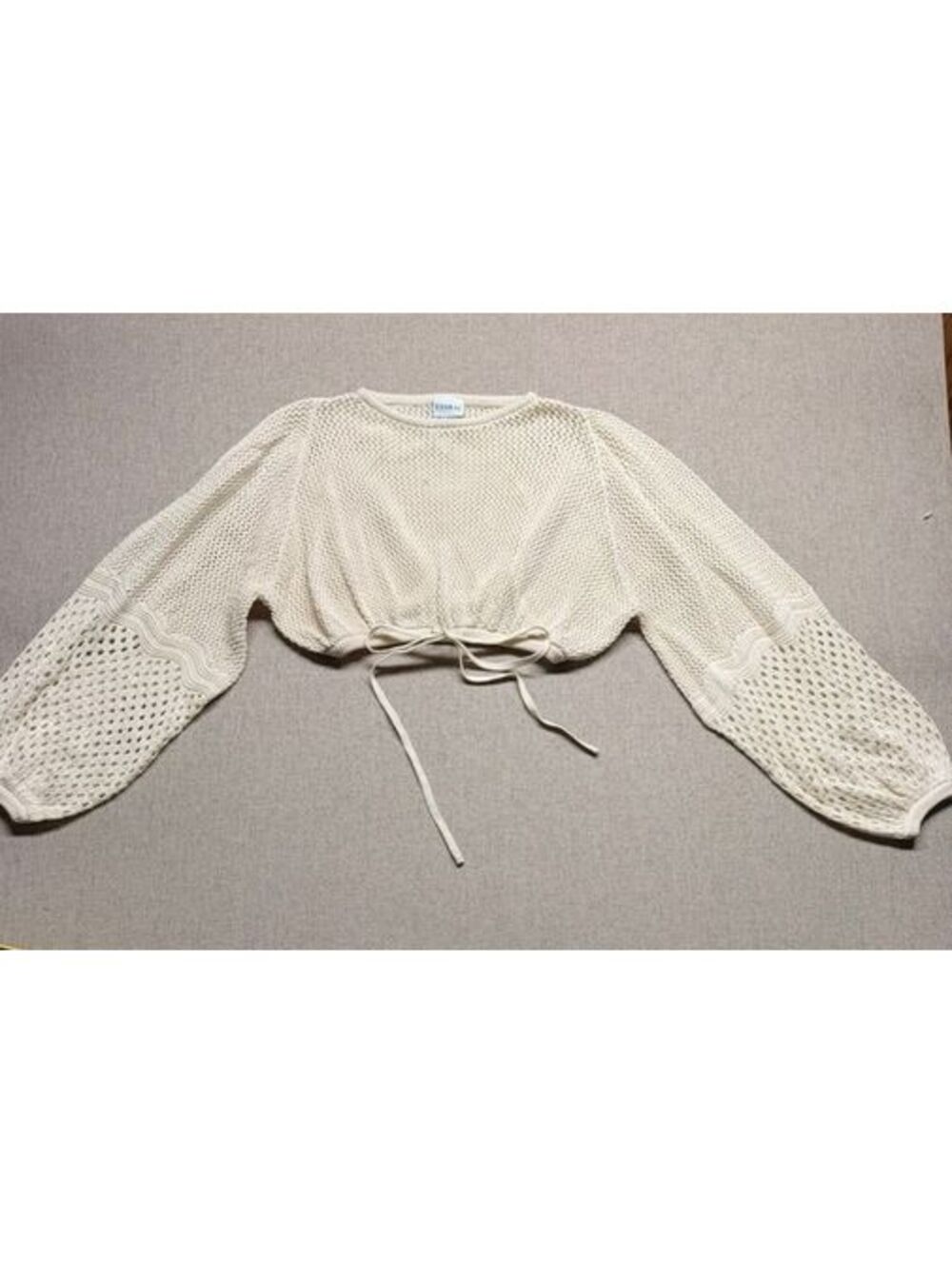 EVARAE Women’s 4 Cream Crochet Open Knit Crop Sweater Balloon Sleeve Tie Waist